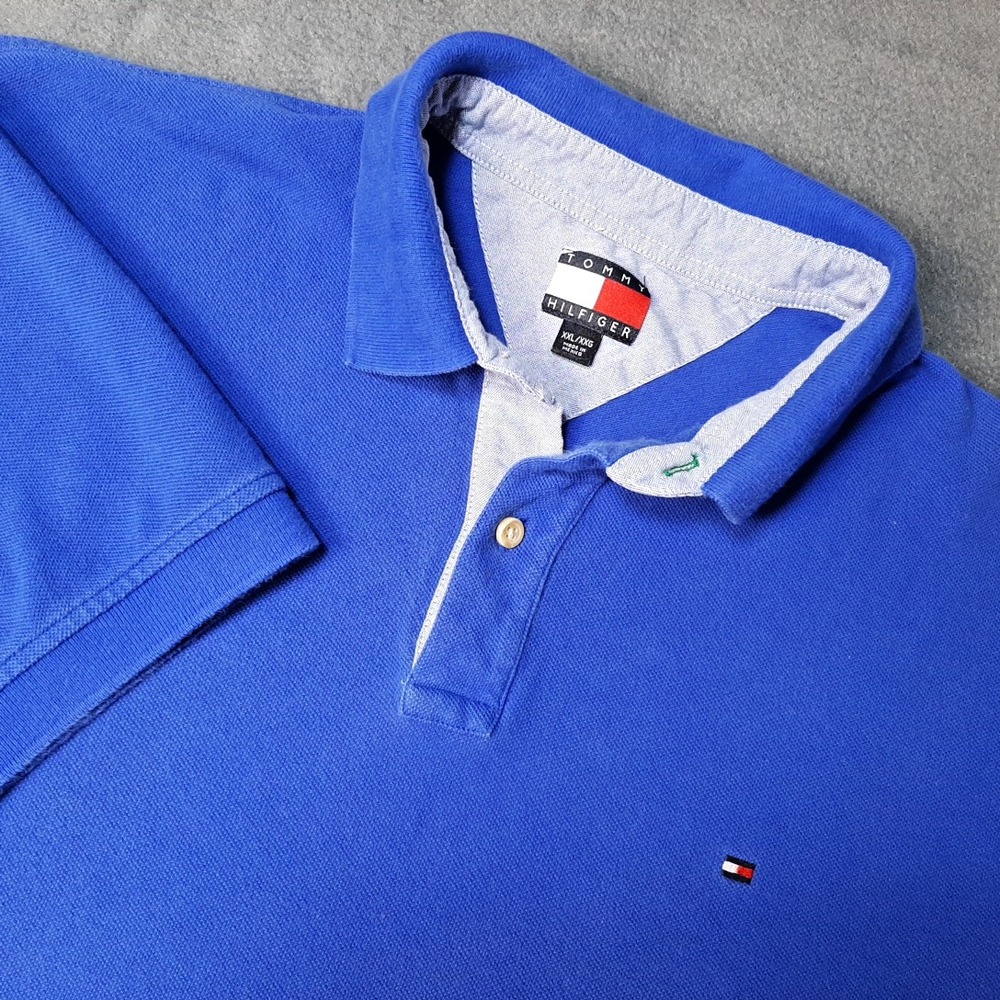 VINTAGE Tommy Hilfiger Polo Shirt Mens 2XL XXL Blue Big Flag Logo Preppy Button